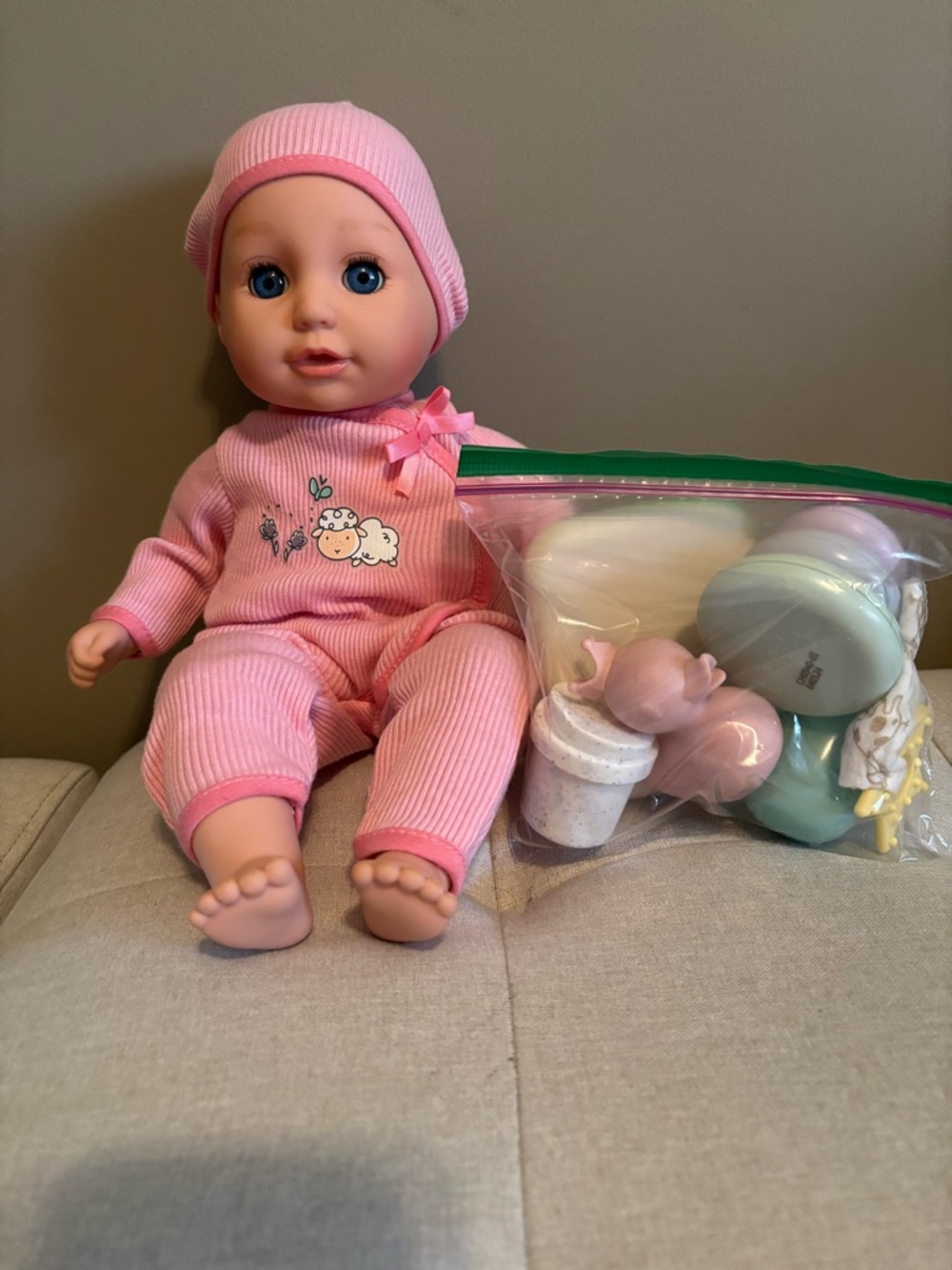 Like new! Pink Baby Doll with Hat and Accessories - Kids Toys